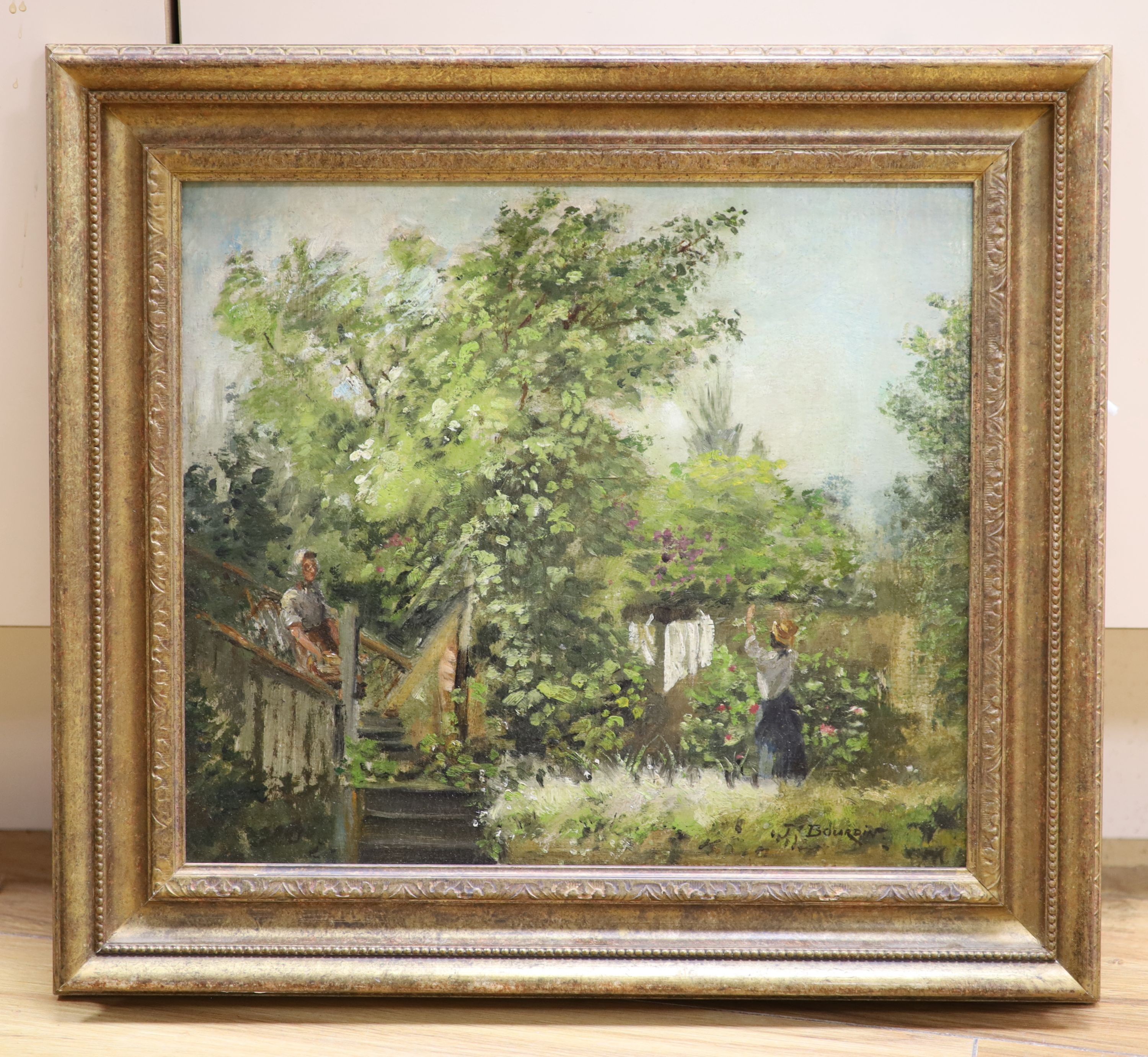 J.Bourdin, oil on wooden panel, Figures in a garden, signed, 30 x 35cm